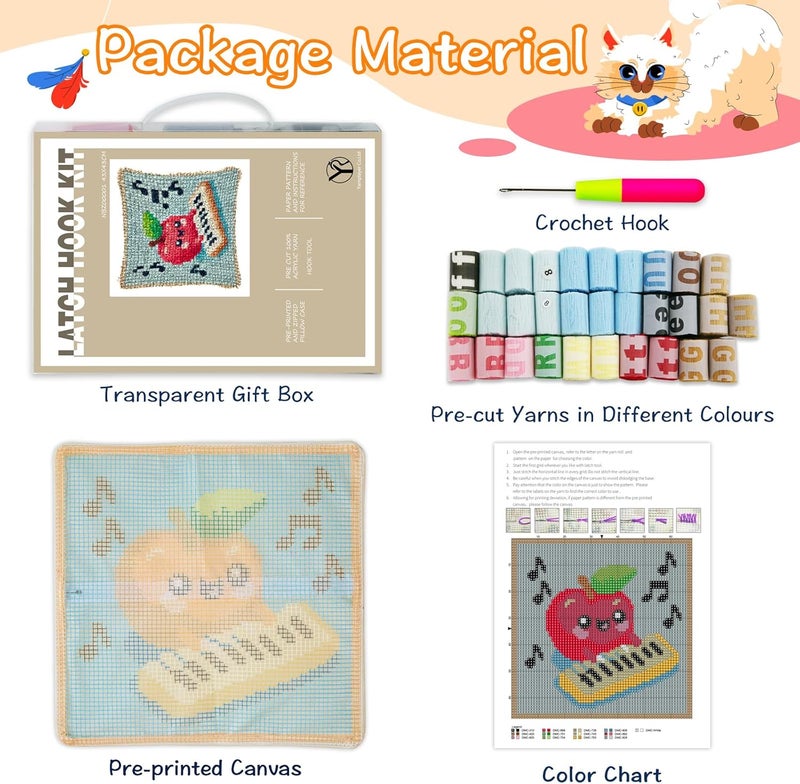 YP DIY Throw Pillow Apple Pianist Latch Hook Kit - 18x18 Inch Handmade Craft Set for Beginners, Perfect Pillowcase for Home Decor or Gifts - Image 2